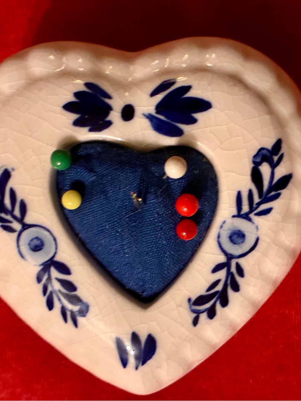 Hand-Painted Heart Ceramic Pin Cushion - Blue and White Vintage Delft